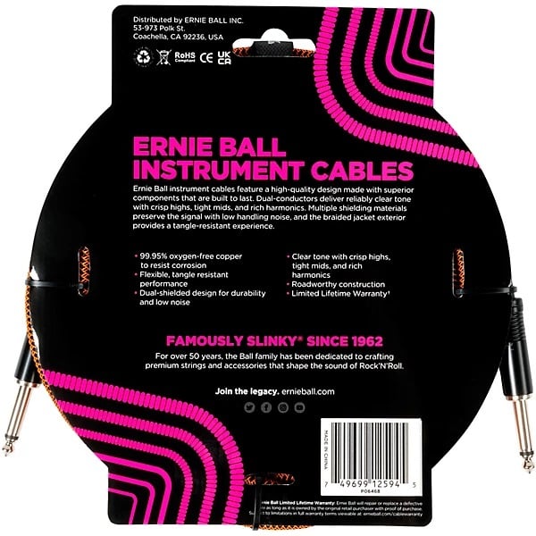 Ernie Ball 10' Straight/Straight Braided Instrument Cable - Pumpkin Pie 2