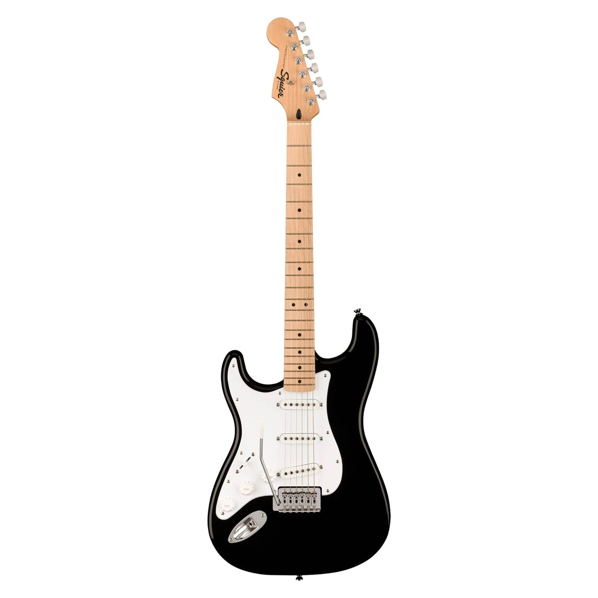 Squier Sonic Stratocaster Left-Handed Electric Guitar in Black, front view 2