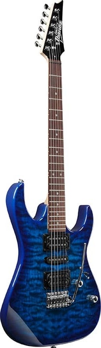 Ibanez GRX70QATBB Electric Guitar in Transparent Blue Burst, front view 2