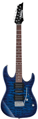 Ibanez GRX70QATBB Electric Guitar in Transparent Blue Burst, front view 3