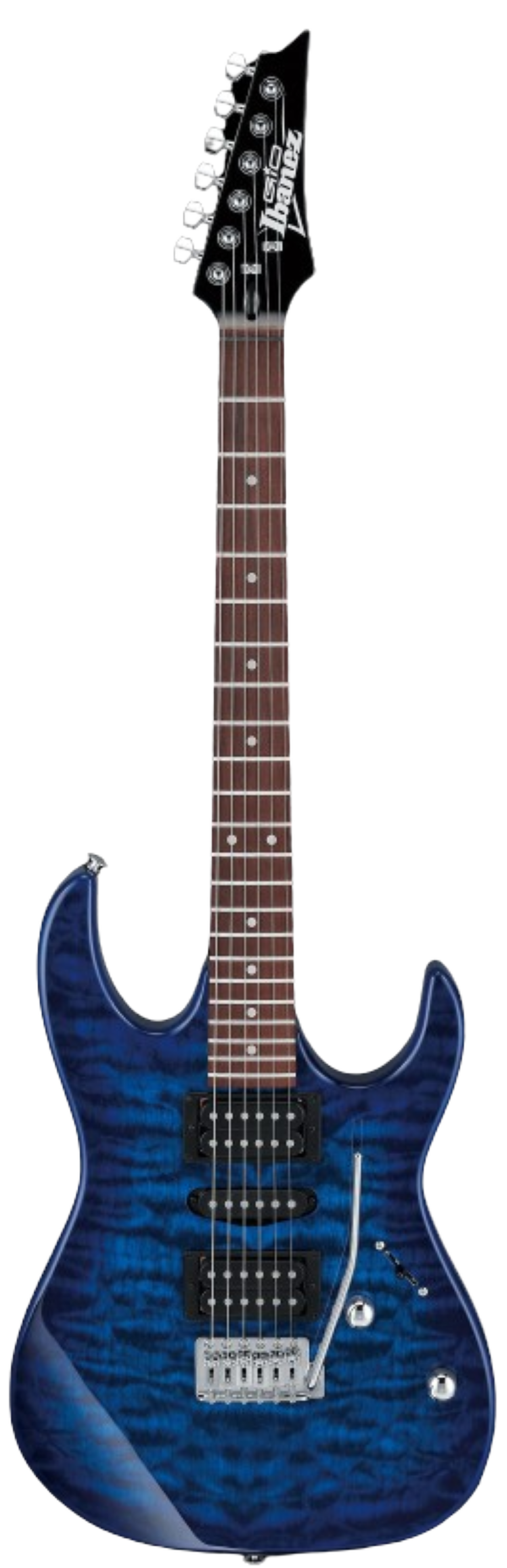 Ibanez GRX70QATBB Electric Guitar in Transparent Blue Burst, front view 3