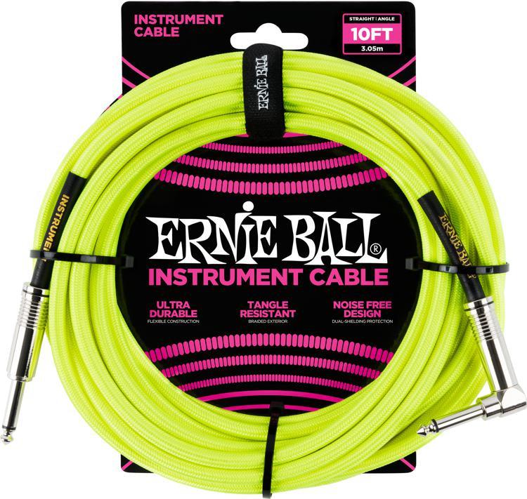 Ernie Ball 6080 10' Braided Cable w/Right Angle (Neon Yellow)