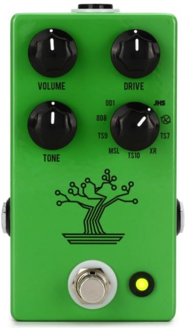 JHS Bonsai 9-way Screamer Overdrive Pedal in green, front view showing four knobs and footswitch