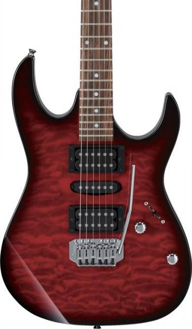 Ibanez GRX70QATRB Electric Guitar Transparent Red Burst, three-quarter front view