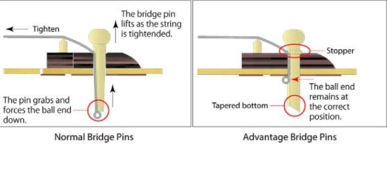 Ibanez TCY10EBK Talman Acoustic-Electric bridge pin detail showing normal and advantage pin comparison 2