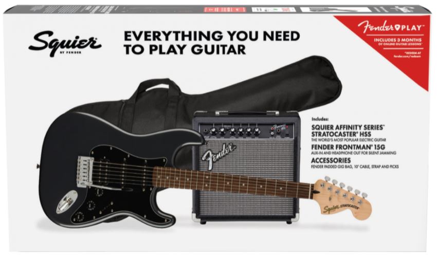 Squier Affinity Strat HSS Electric Guitar Pack Laurel Neck Charcoal Frost Metallic