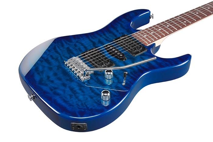Ibanez GRX70QATBB Electric Guitar in Transparent Blue Burst, front angled view