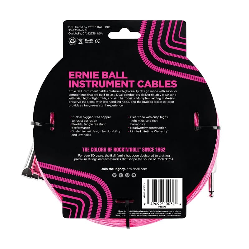 Ernie Ball 6078 10' Braided Cable w/Right Angle Neon Pink 2