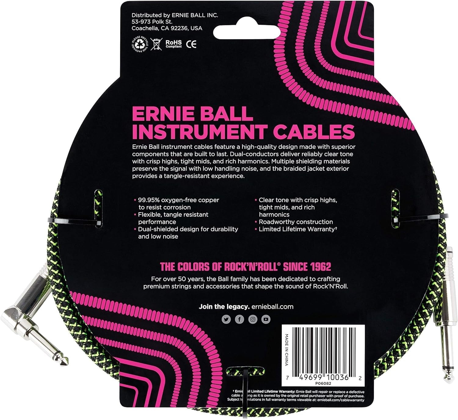 Ernie Ball 18ft Straight/Angle Braided Instrument Cable - Black/Green 3