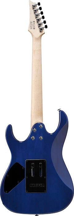 Ibanez GRX70QATBB Electric Guitar in Transparent Blue Burst, back view showing wooden neck and body