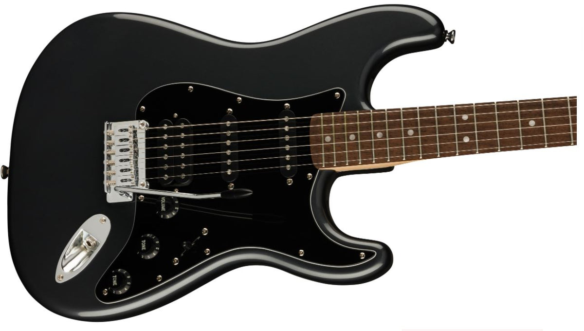 Squier Affinity Strat HSS Electric Guitar Pack Charcoal Frost Metallic, three-quarter front view
