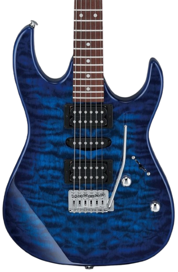Ibanez GRX70QATBB Electric Guitar in Transparent Blue Burst, three-quarter front view 2