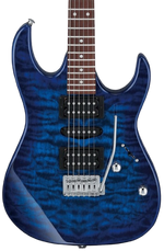 Ibanez GRX70QATBB Electric Guitar in Transparent Blue Burst, three-quarter front view 2