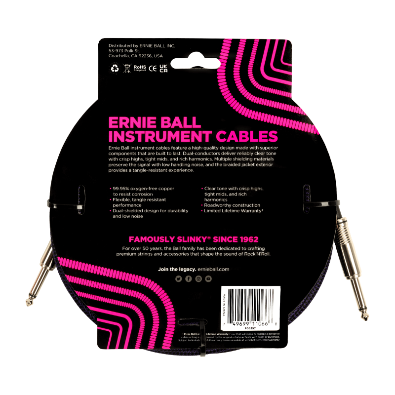 Ernie Ball 25' Braided Straight to Straight Instrument Cable - Purple/Black 2